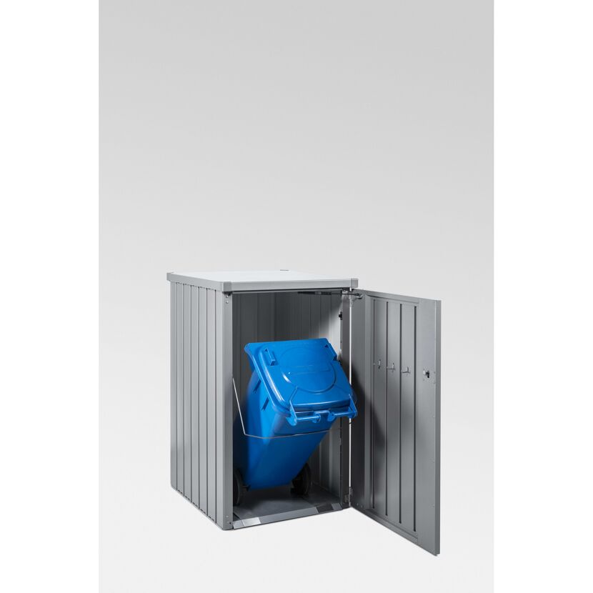 Grauer Mülltonnenbehälter mit blauer Mülltonne