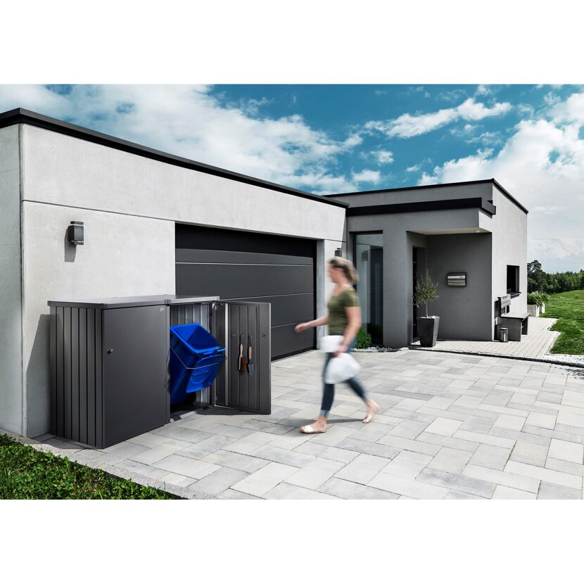 Mülltonnenbox dunkelgrau mit blauer Mülltonne