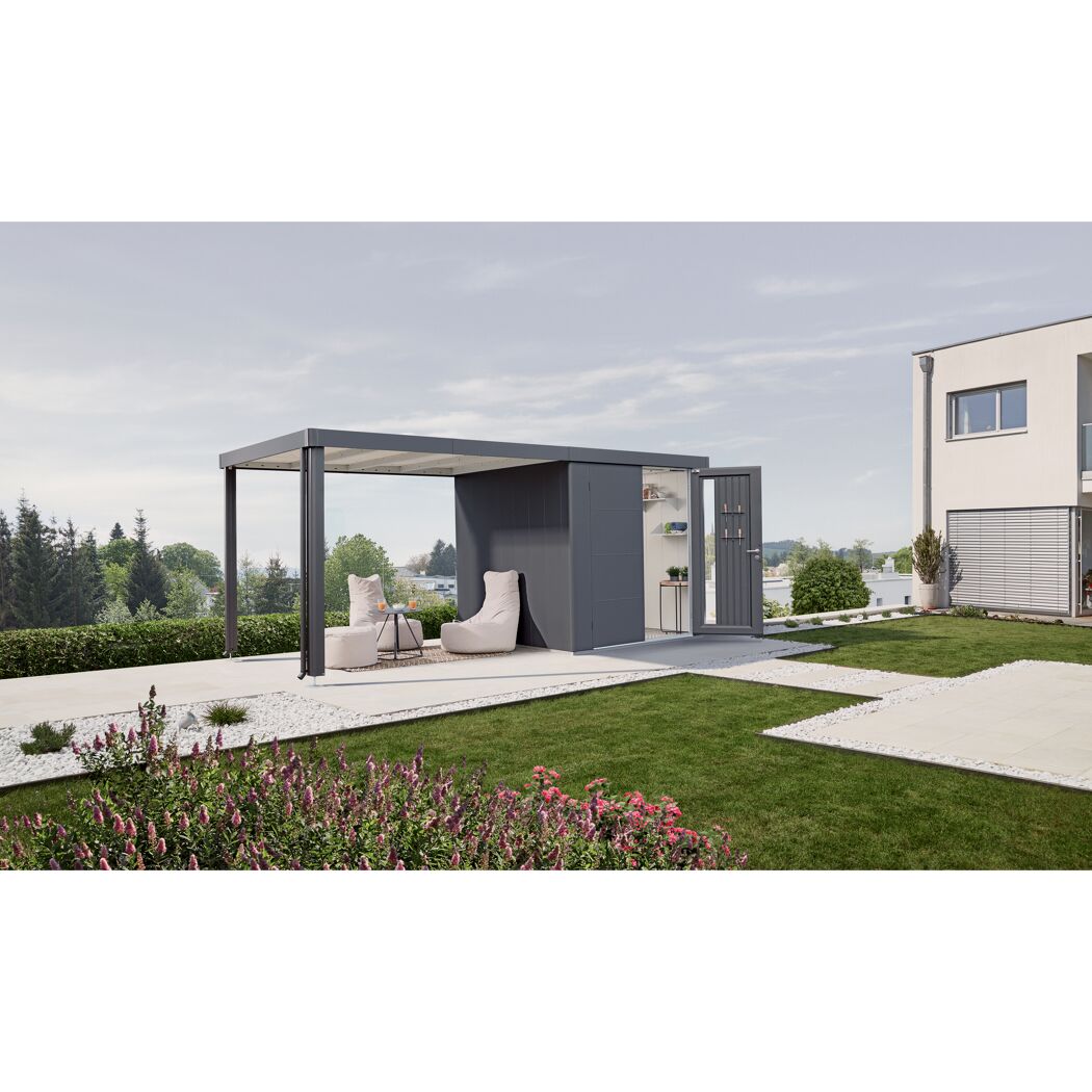 Dunkelgraues Gerätehaus Neo mit Doppeltür im Garten