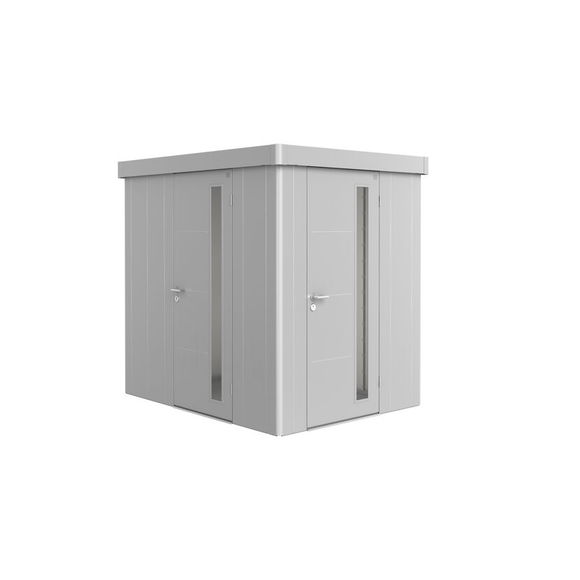 Grauer Geräteschrank mit zwei Türen und Glaseinsätzen