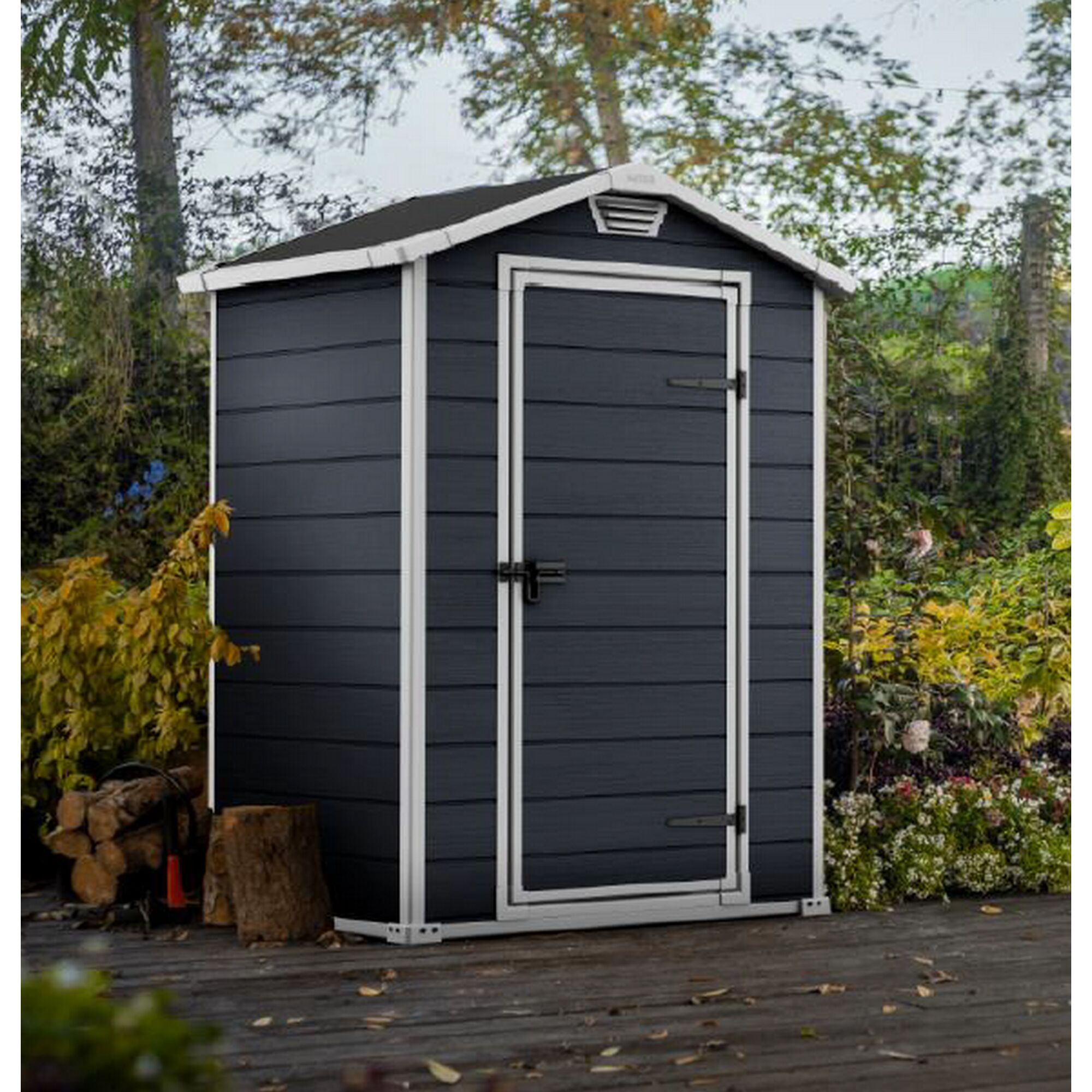 Gerätehaus Manor 4x3, dunkelgrau mit weißen Akzenten