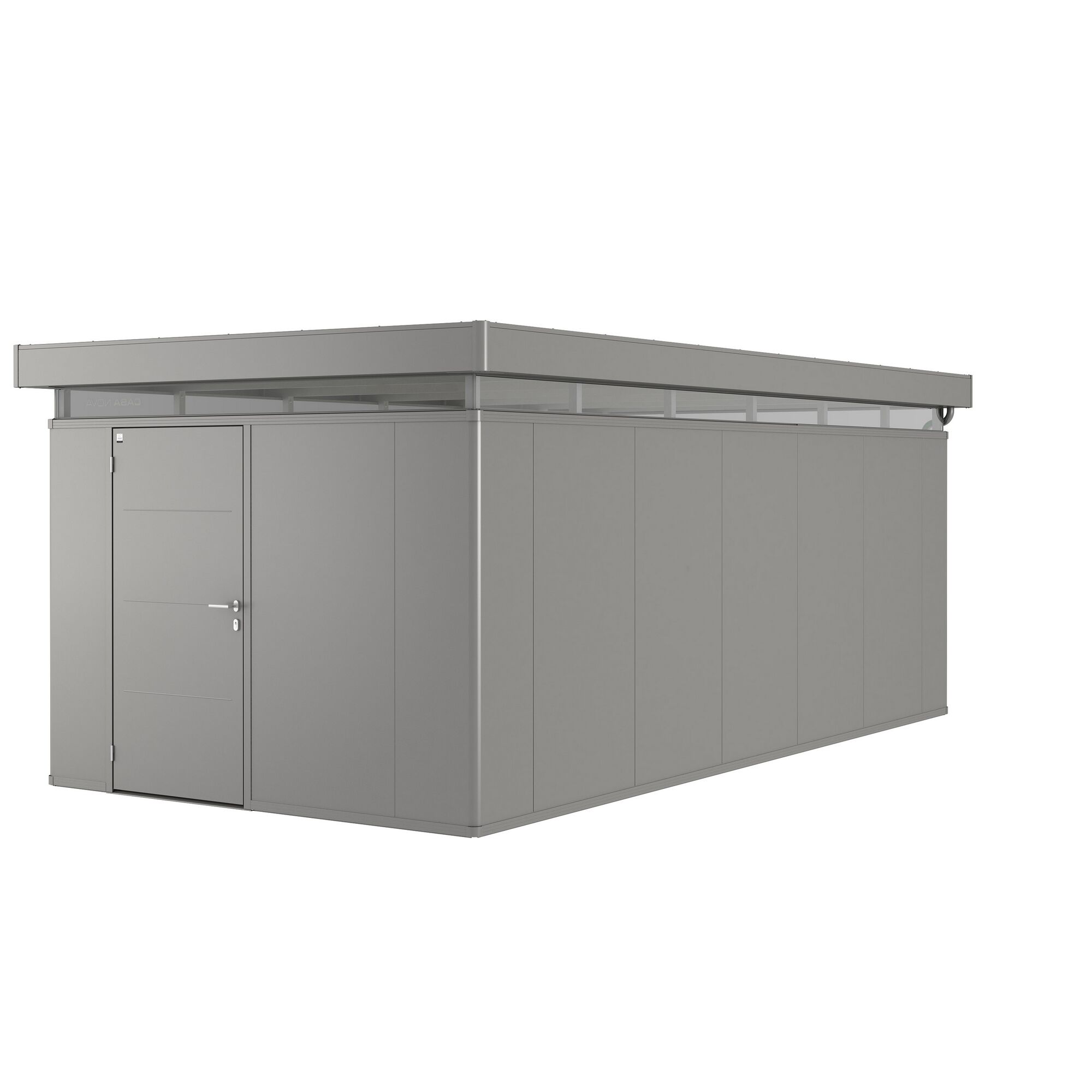 Graues Gartenhaus CasaNova mit Flachdach und Tür links