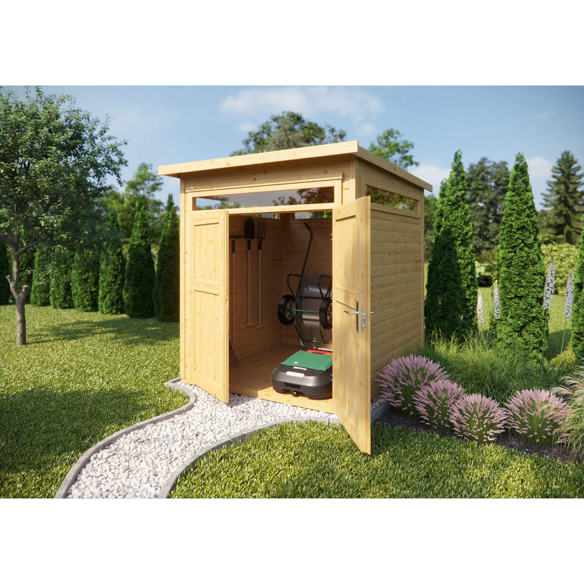 Gerätehaus aus Holz mit Gartengeräten und Mähroboter