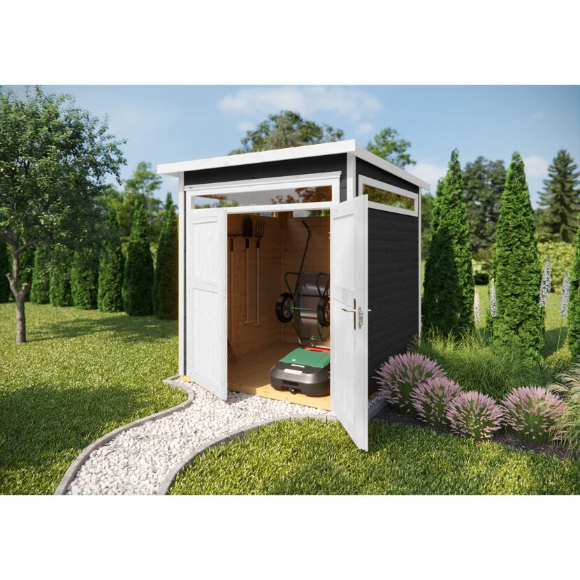 Gerätehaus mit Gartengeräten und Mähroboter