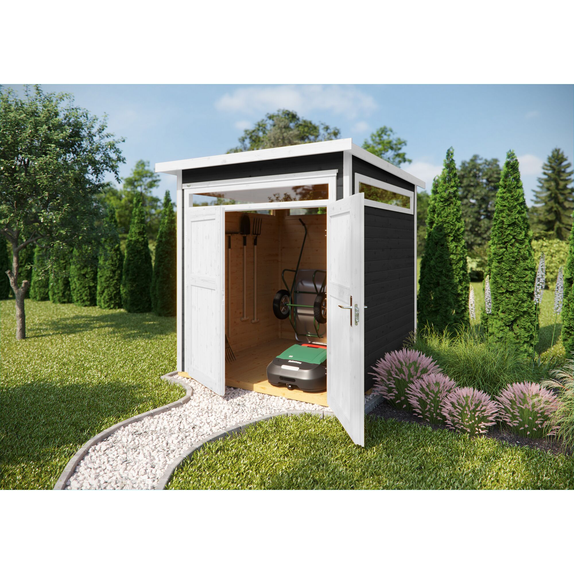 Gerätehaus mit Rasenmäher Roboter, Schubkarre, Schaufel und Harke