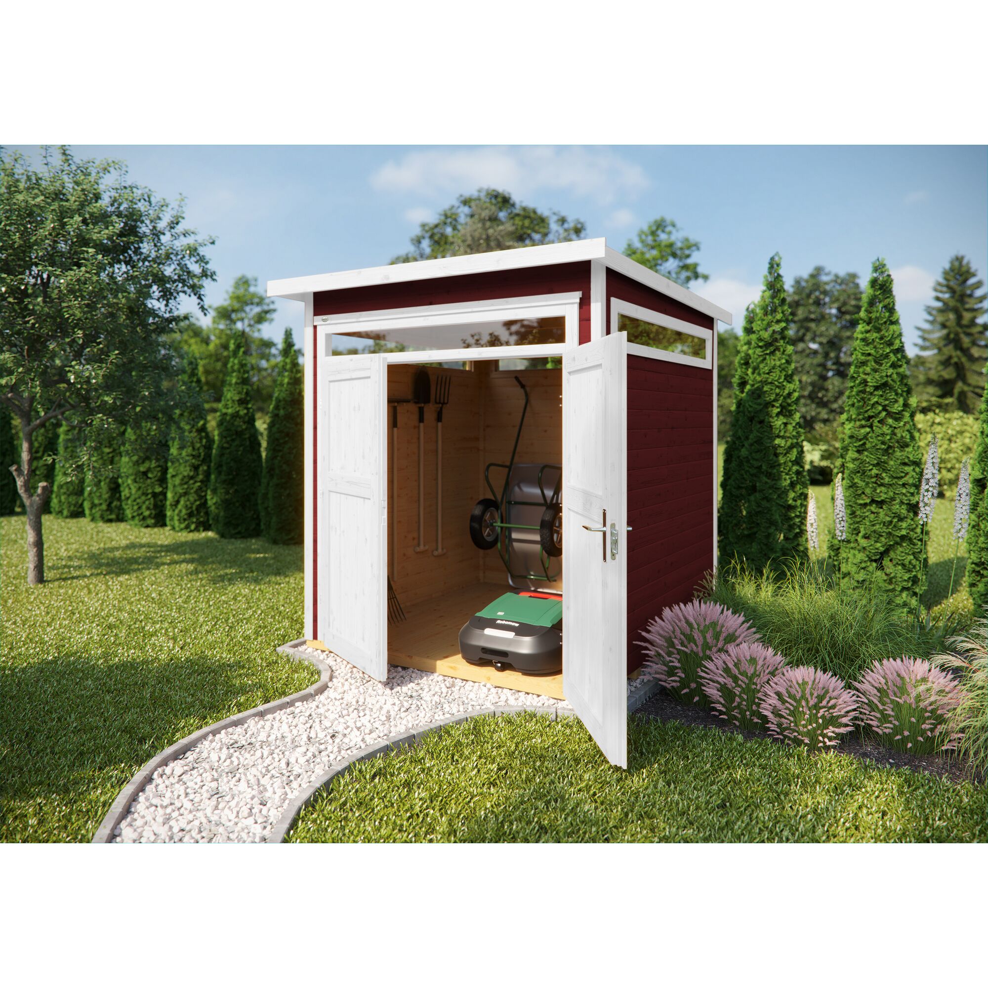 Gerätehaus mit Gartengeräten und Mähroboter