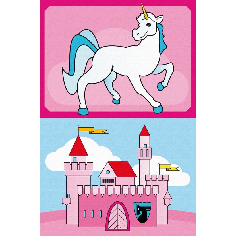 Ein Einhorn und eine rosa Burg.