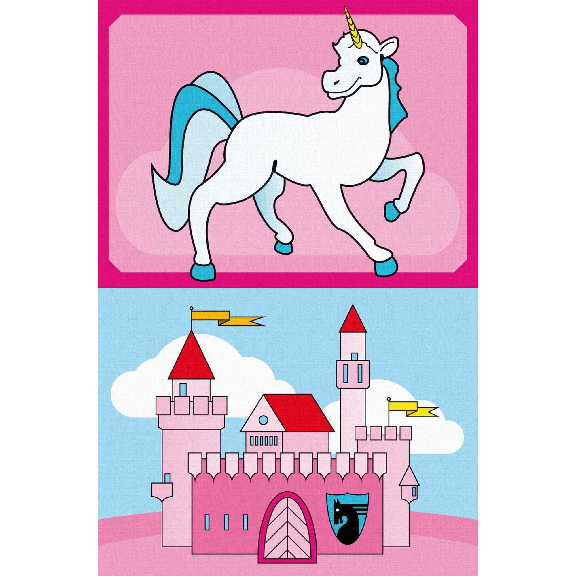 Ein Einhorn und eine rosa Burg.