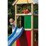 Zwei Kinder spielen auf einem Spielturm mit Rutsche und Fernglas.