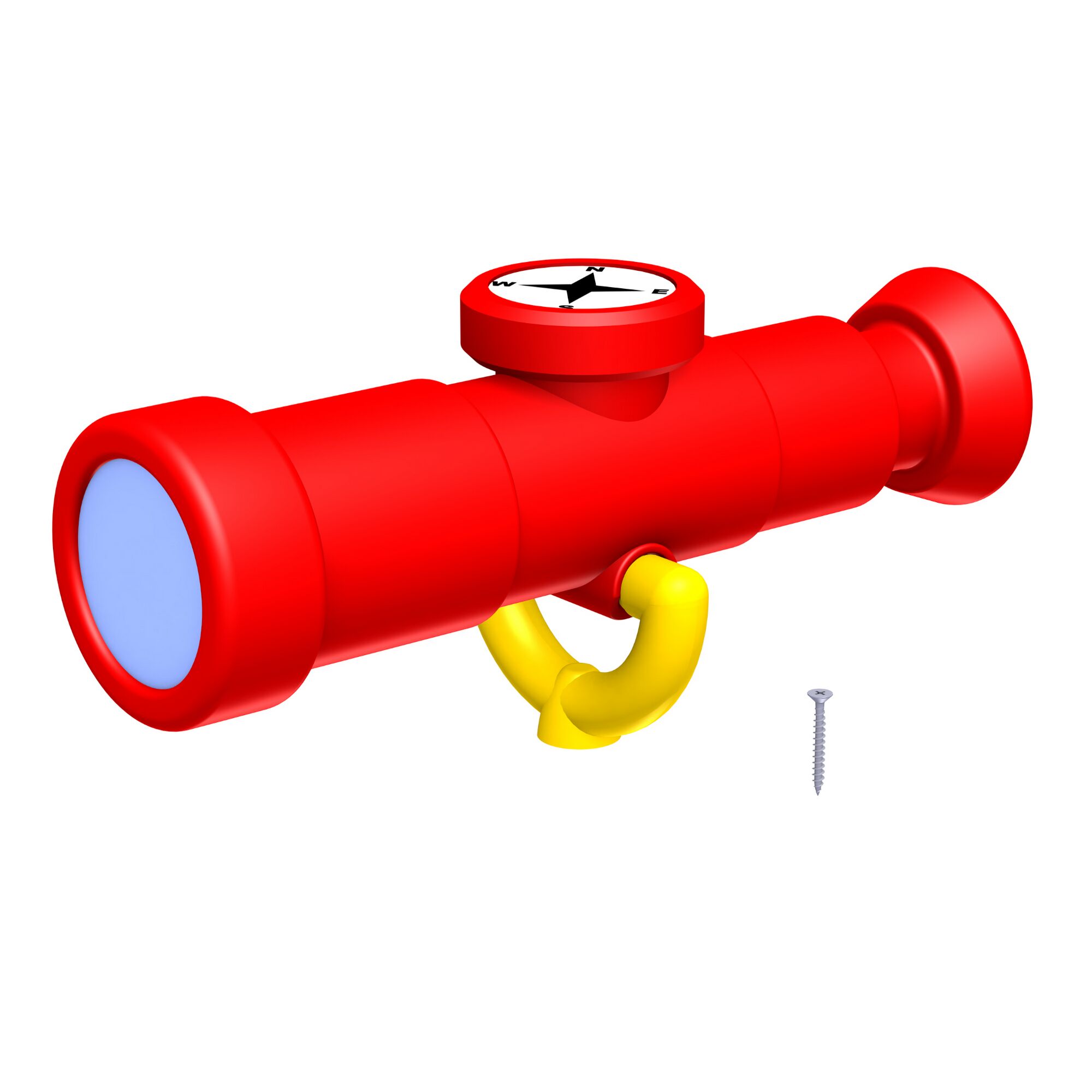 Rotes Spielzeugfernrohr mit Kompass und gelbem Griff.