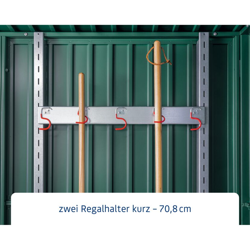 Zwei Regalhalter kurz für Gartengeräte.