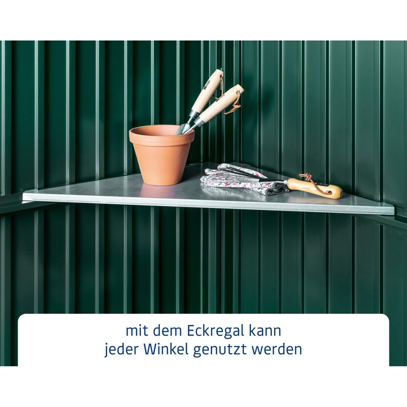 Eckregal mit Blumentopf, Gartenhandschuhen und zwei kleinen Schaufeln