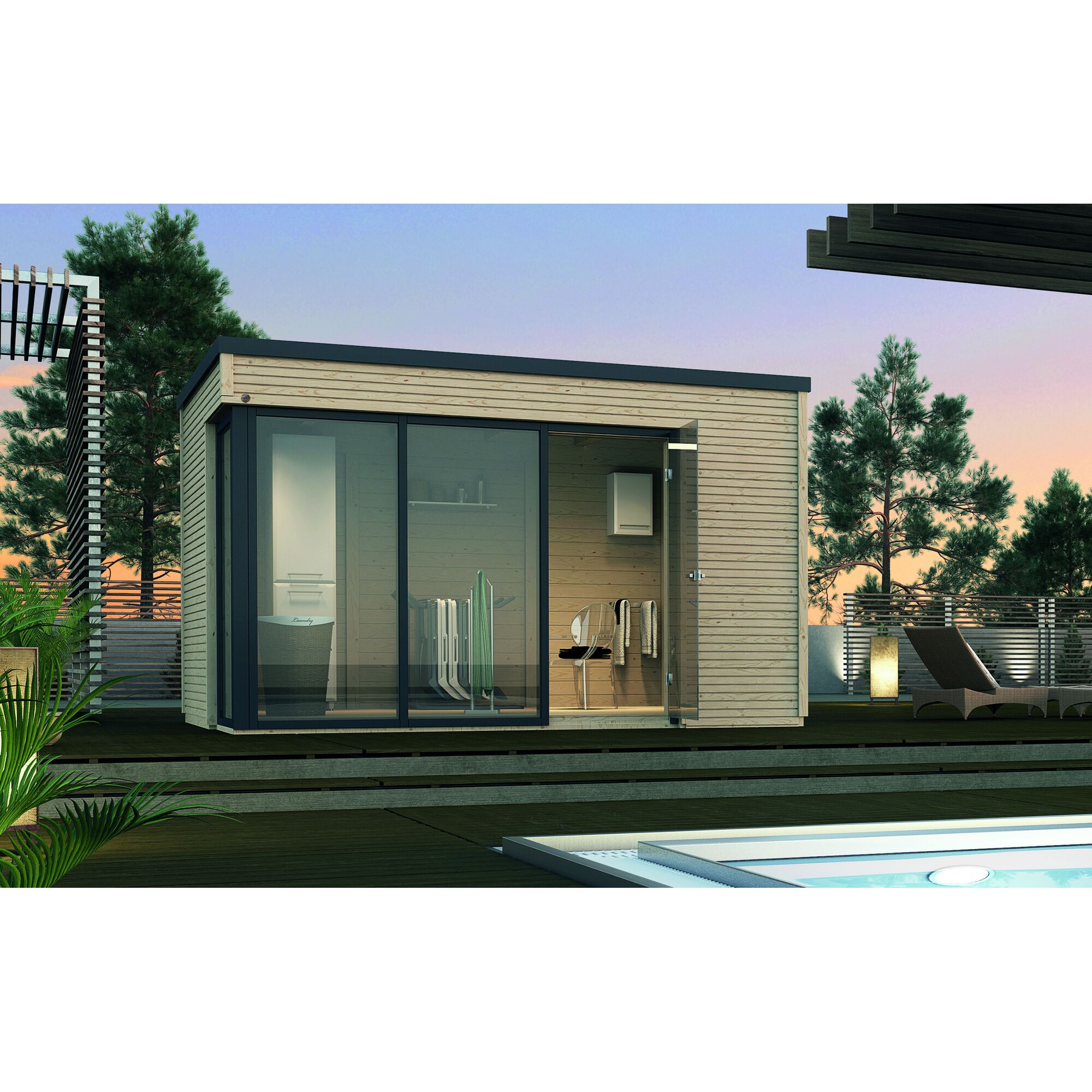 Saunahaus wekaLine 412 neben einem Pool