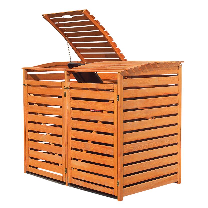 Mülltonnenbox aus Holz mit zwei Tonnen