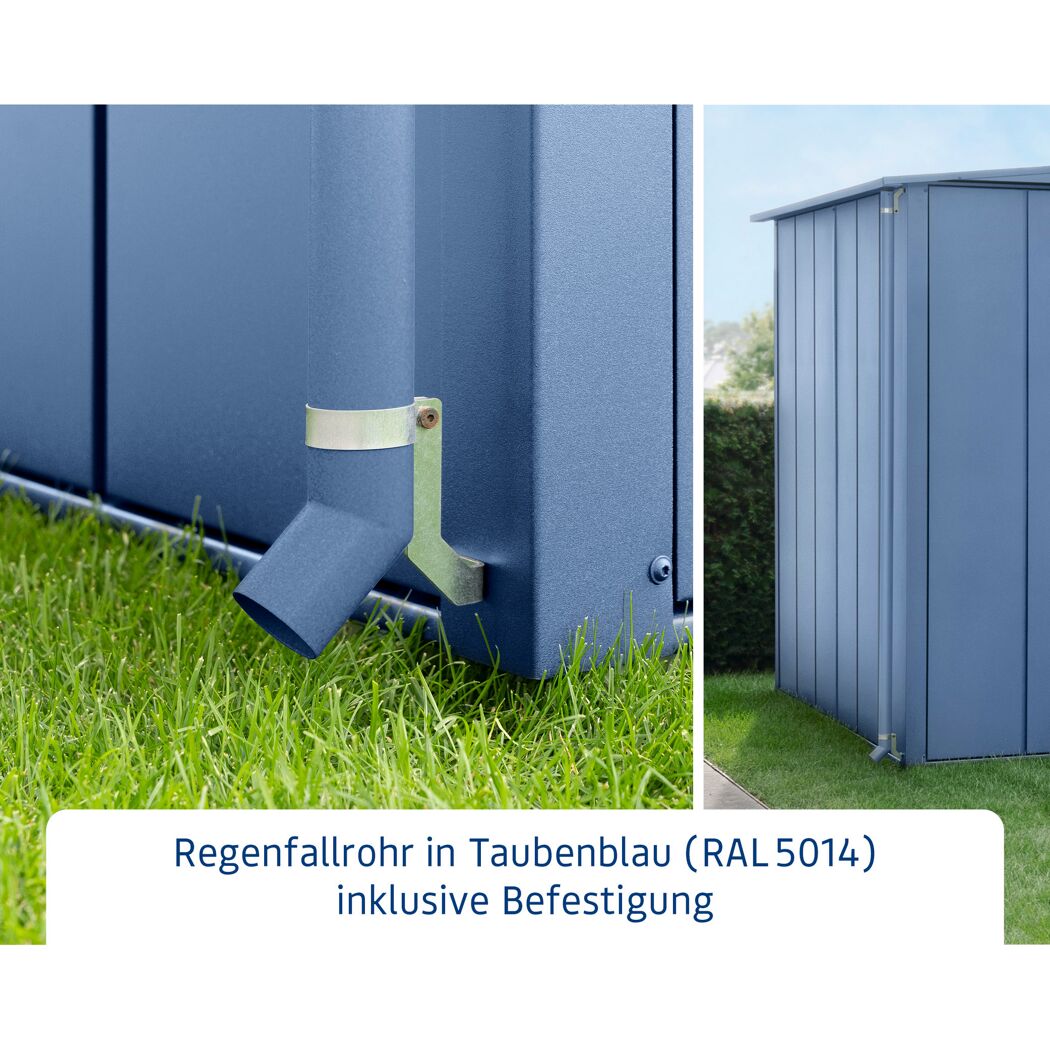Regenfallrohr in Taubenblau (RAL 5014) mit Befestigung