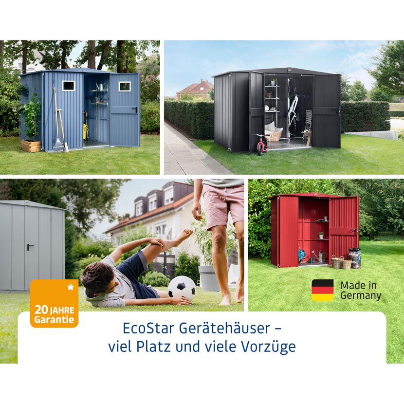 EcoStar Gerätehäuser in verschiedenen Farben und Größen