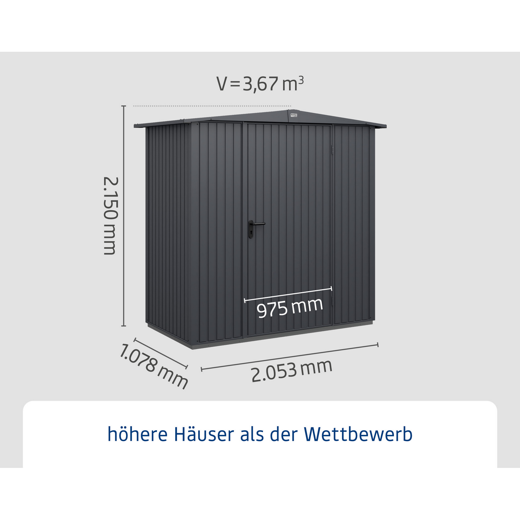 Gerätehaus aus Metall in Anthrazit mit Maßen