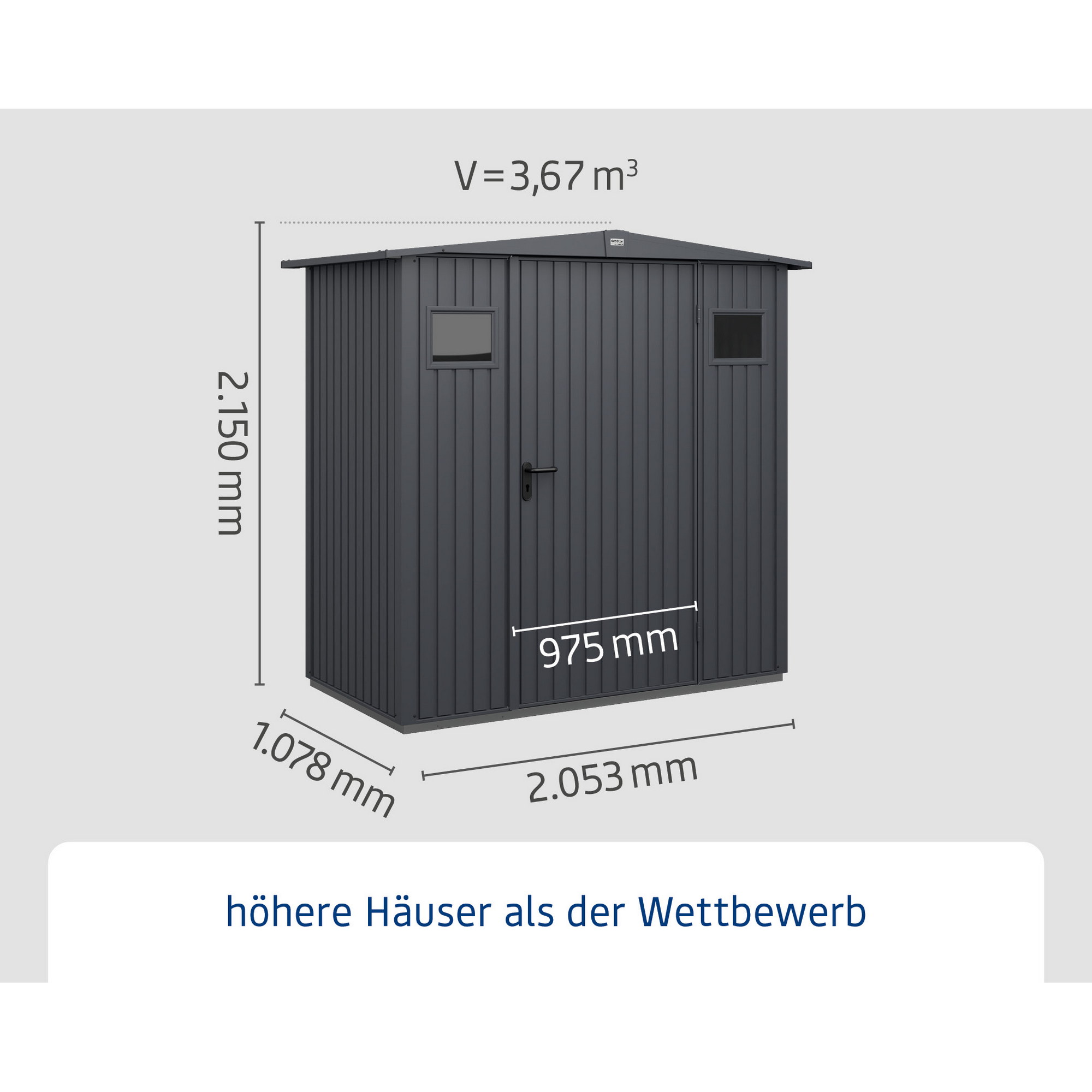 Gerätehaus aus Metall in Anthrazit mit Maßen