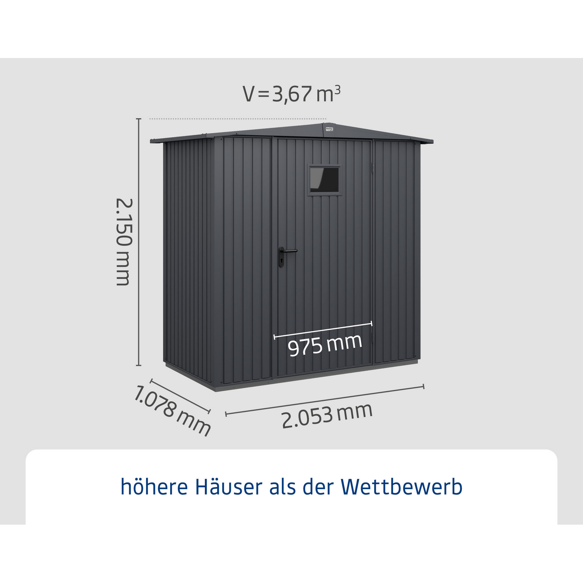 Gerätehaus aus Metall in Anthrazit mit Maßen