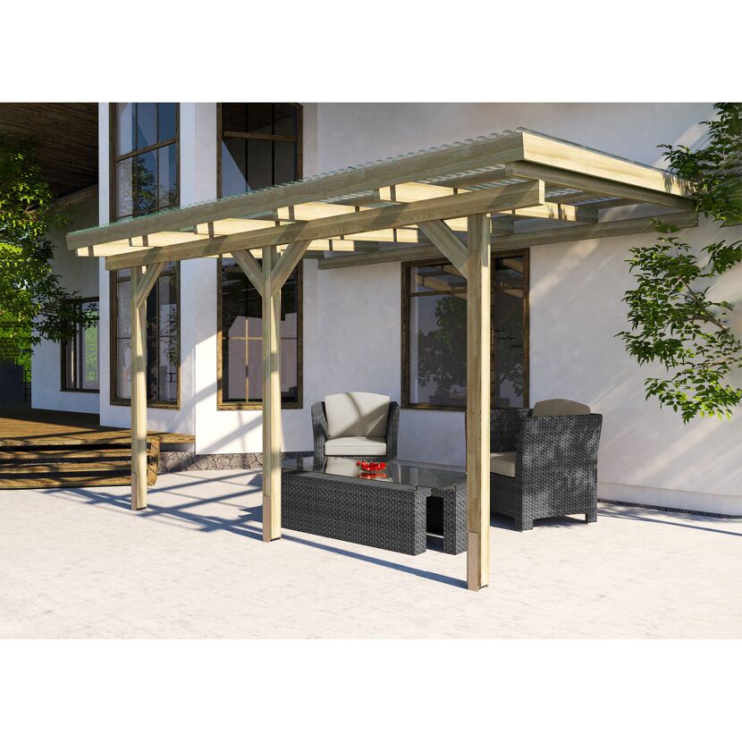 Terrassenüberdachung aus Holz mit Sitzmöbeln