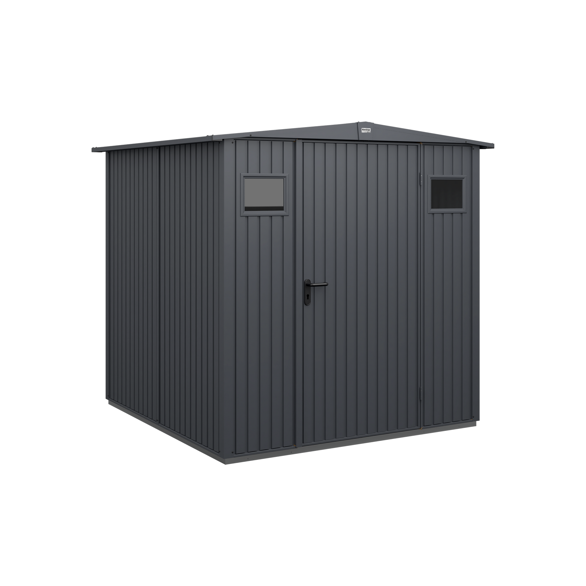 Anthrazitfarbenes Gerätehaus aus Metall mit Doppeltür und zwei Fenstern.