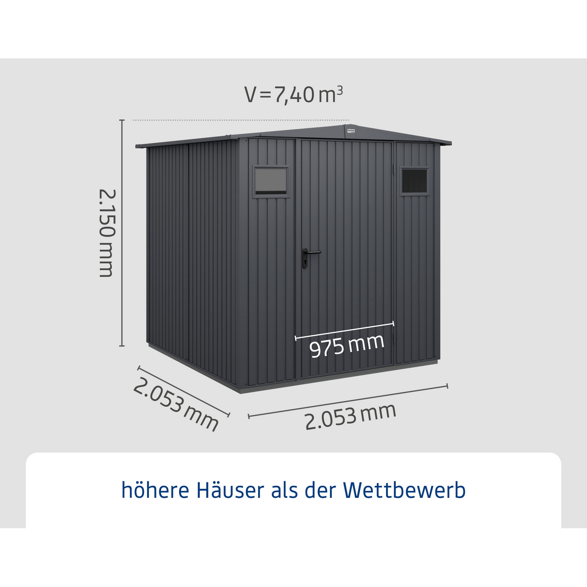 Anthrazitfarbenes Gerätehaus mit Maßen