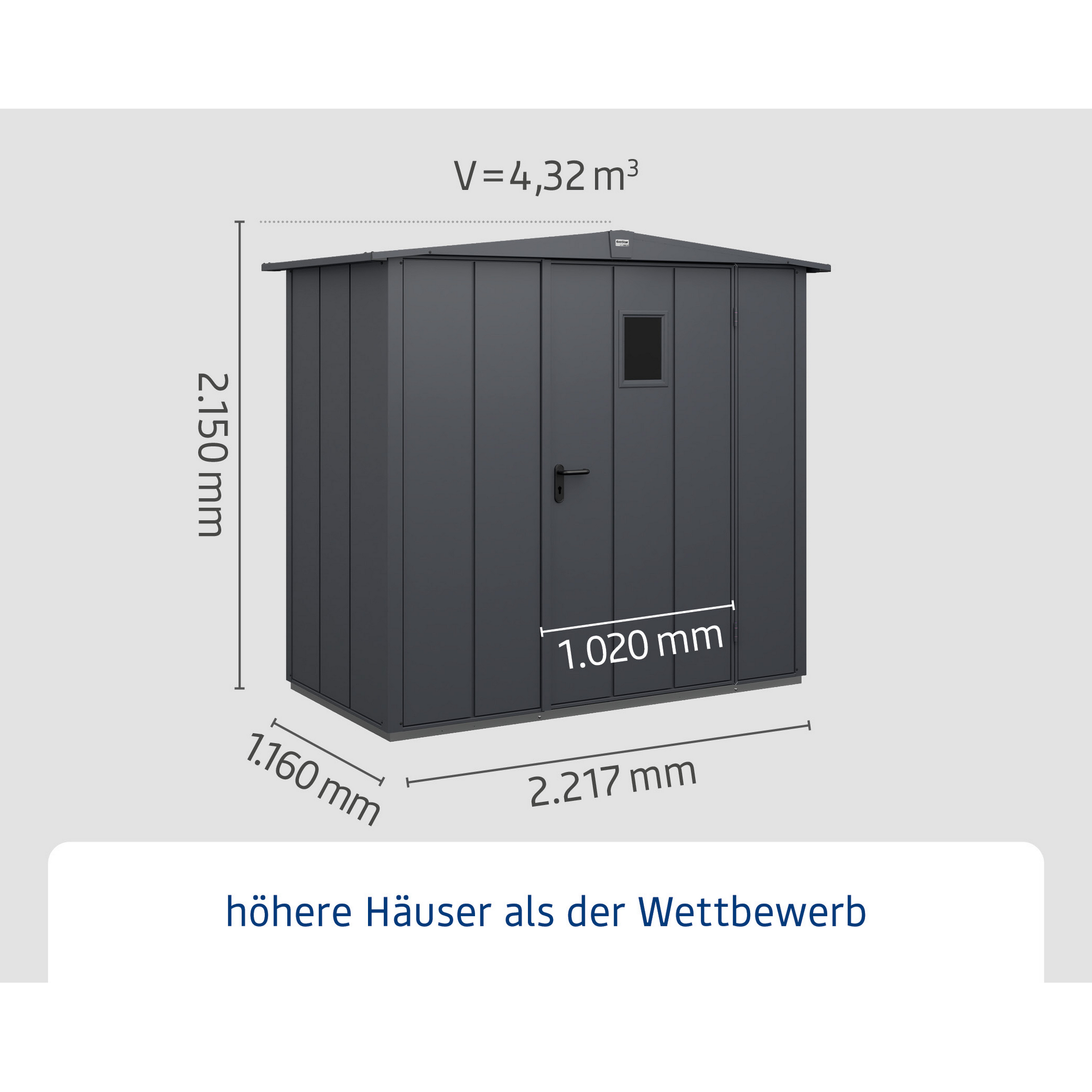 Anthrazitfarbenes Gerätehaus mit Maßen