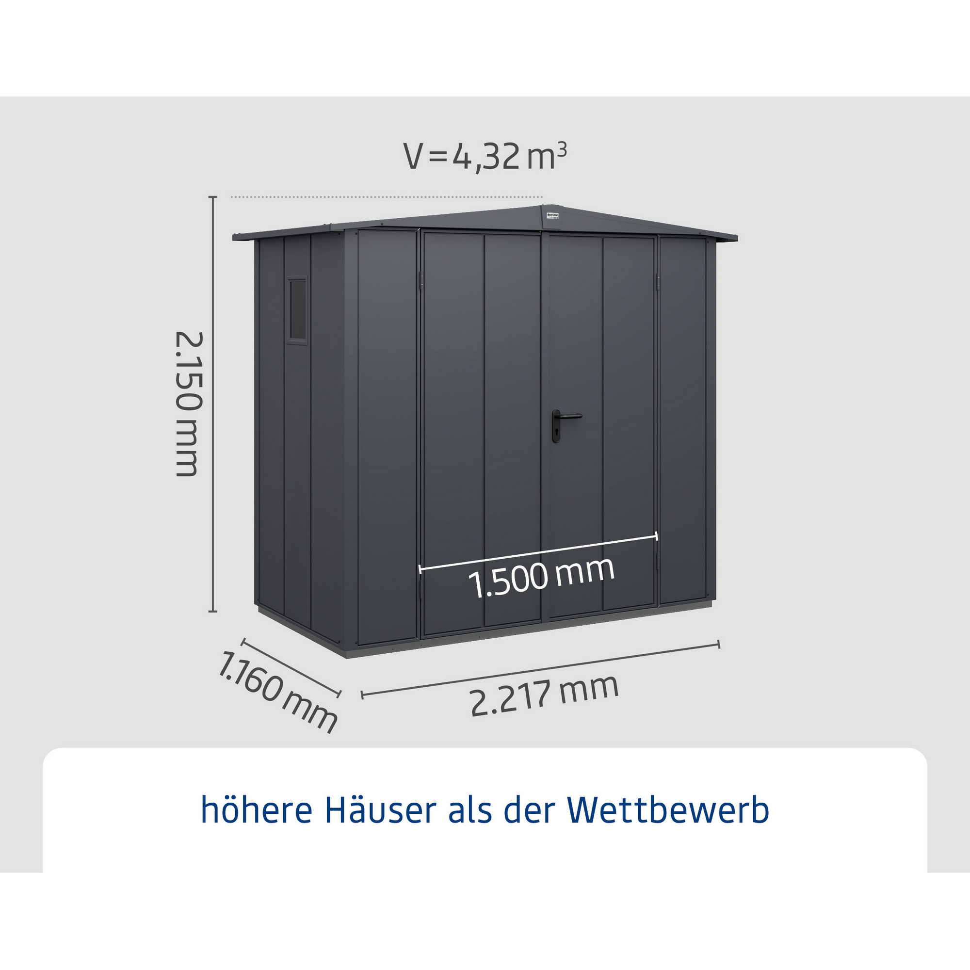 Gerätehaus aus Metall, anthrazitgrau, mit Maßen