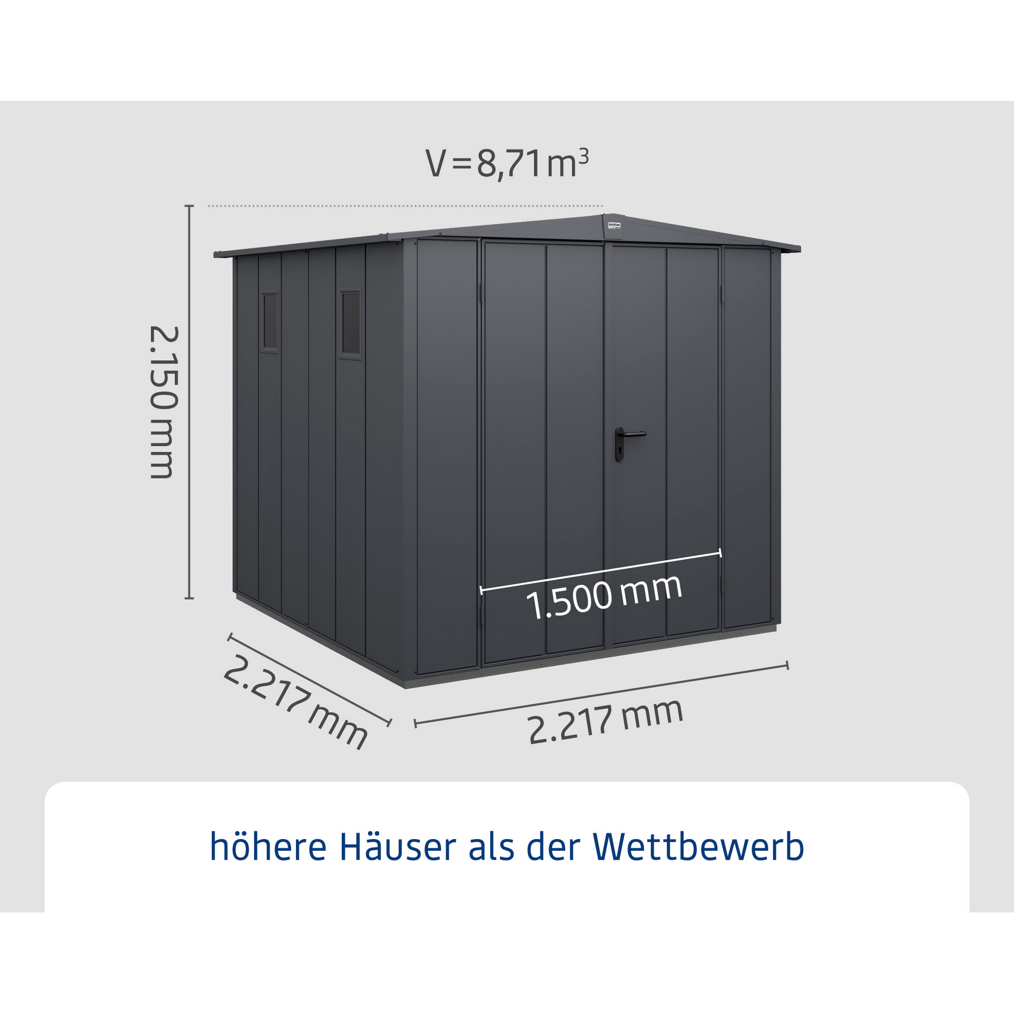 Anthrazitfarbenes Gartenhaus aus Metall mit Maßen