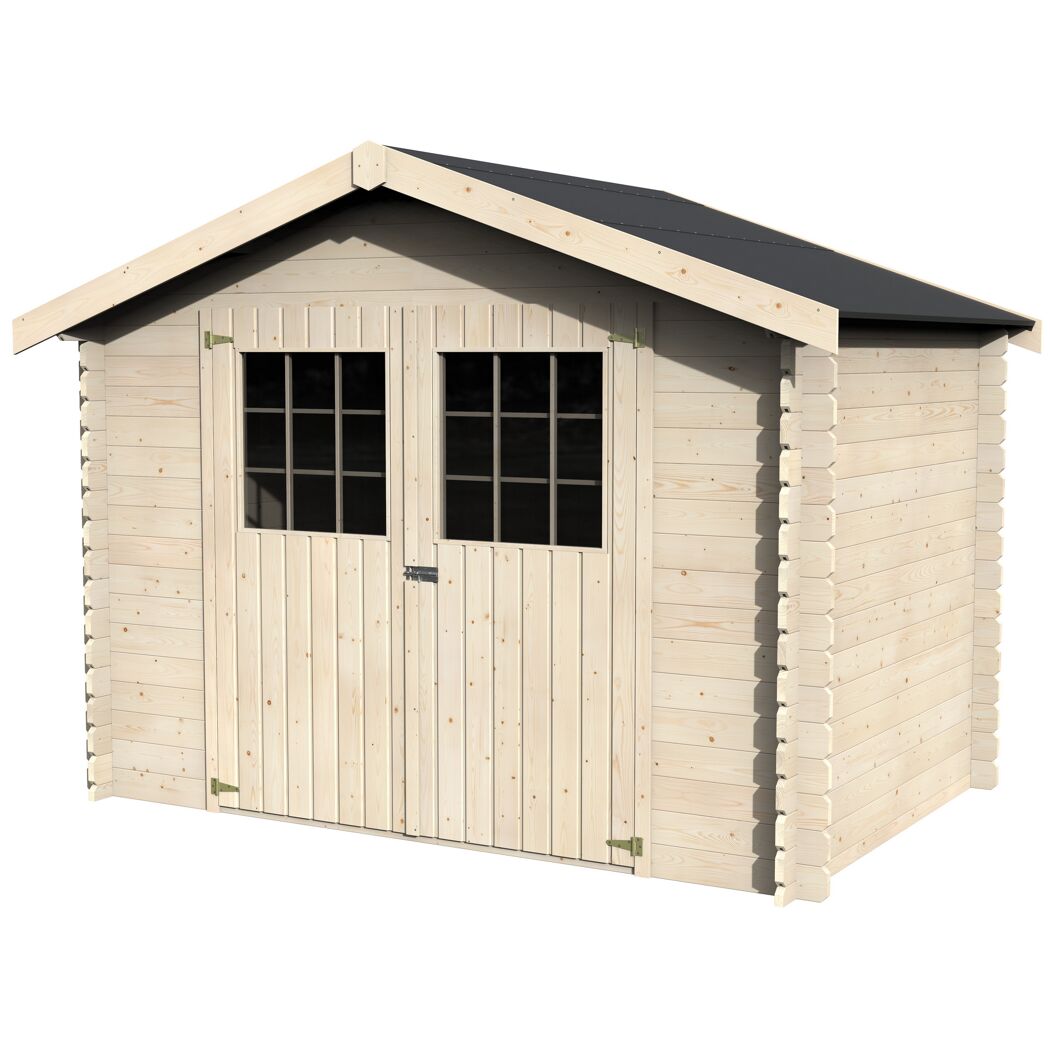 Kleines Gartenhaus aus hellem Holz mit Doppeltür und schwarzem Dach