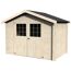 Kleines Gartenhaus aus hellem Holz mit Doppeltür und schwarzem Dach