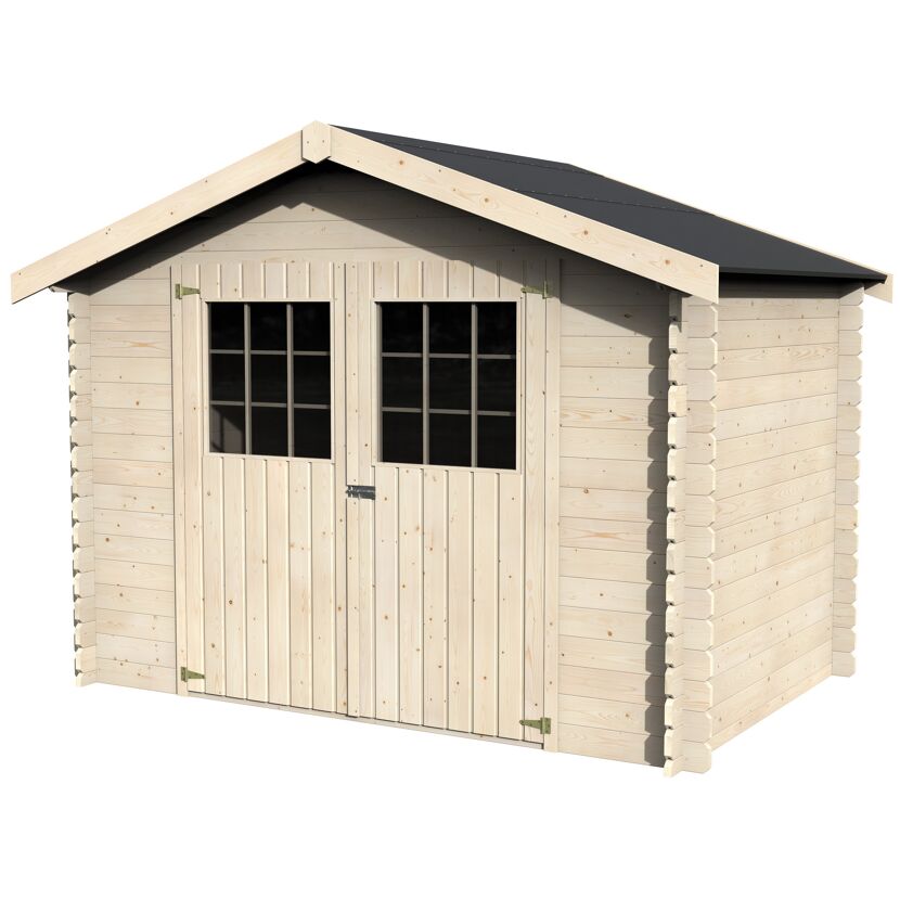 Kleines Gartenhaus aus hellem Holz mit Doppeltür und schwarzem Dach