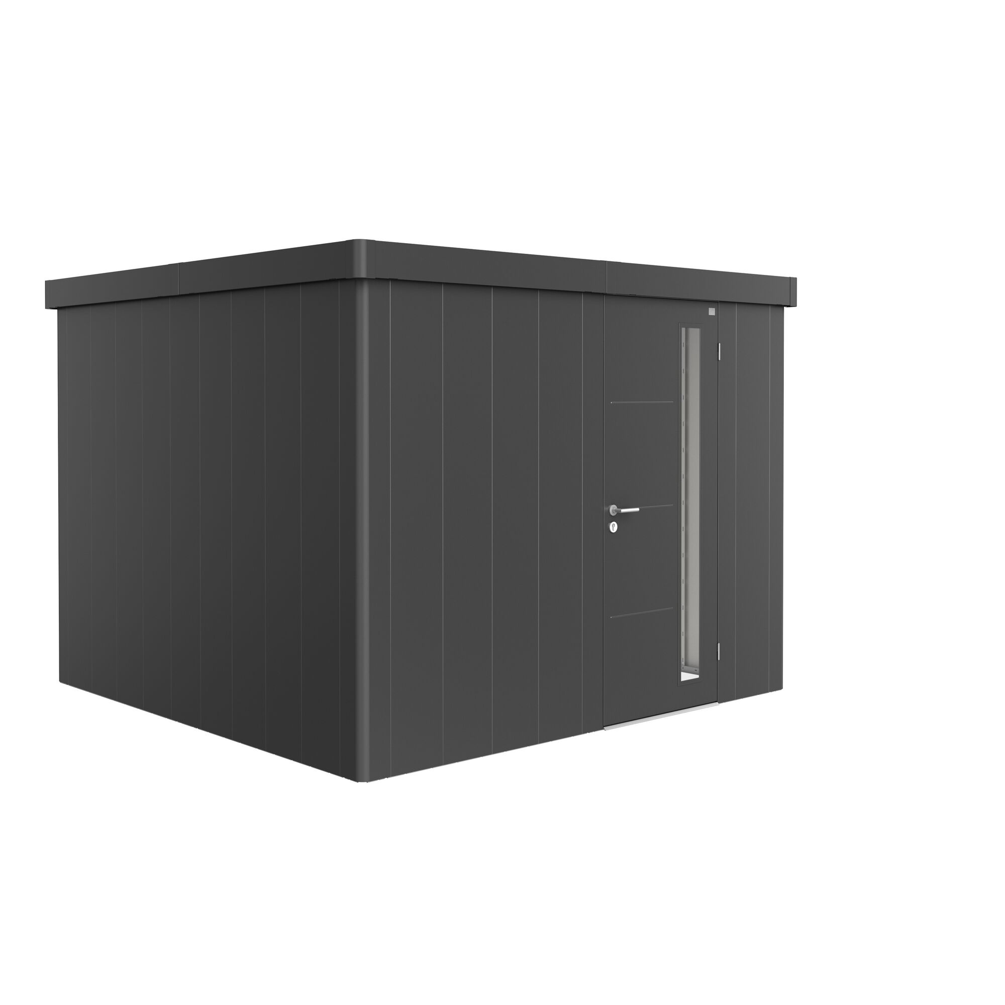 Gerätehaus dunkelgrau mit Tür und Fenster