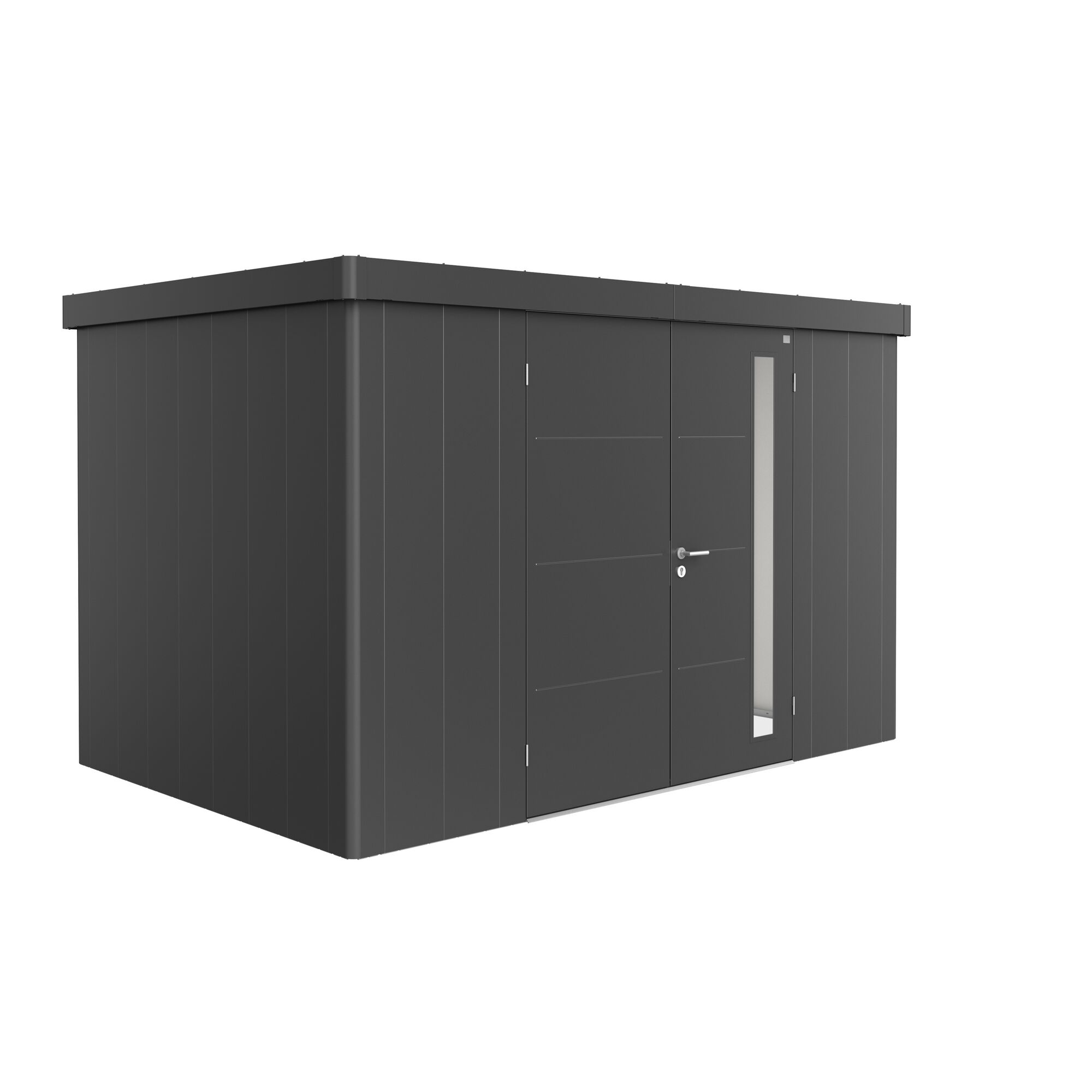 Dunkelgraues Gerätehaus 'Neo 2D' mit Doppeltür und Seitenfenster.