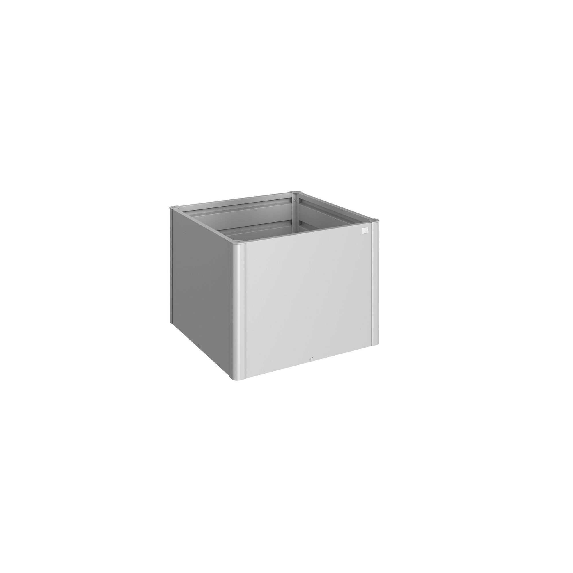 Quadratisches Hochbeet aus silbernem Metall.