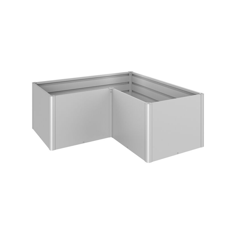 Silbernes Hochbeet in L-Form.