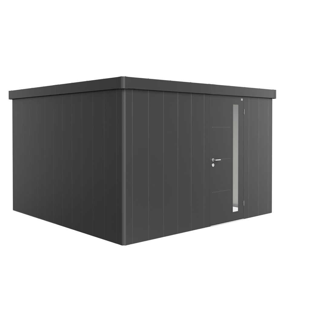 Gerätehaus Neo 4D in Dunkelgrau-Metallic mit Standardtür.