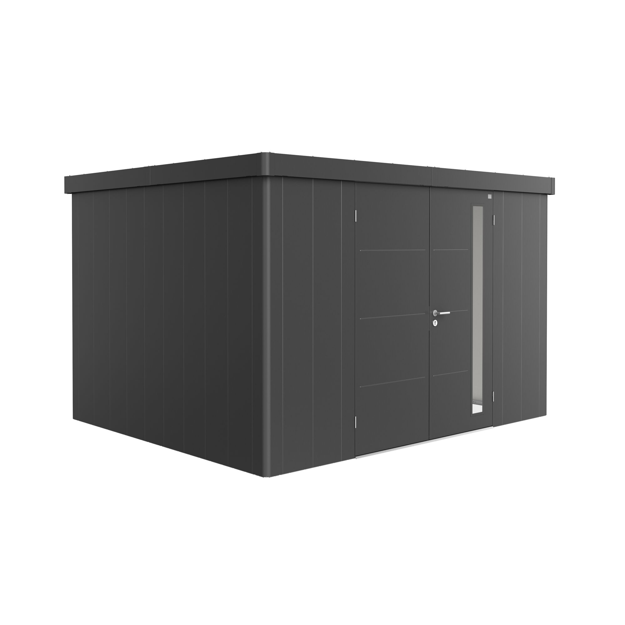 Gerätehaus dunkelgrau mit Tür und Fenster