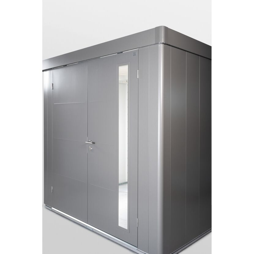 Modernes Gerätehaus Neo 3D quarzgrau-metallic mit Doppeltür.