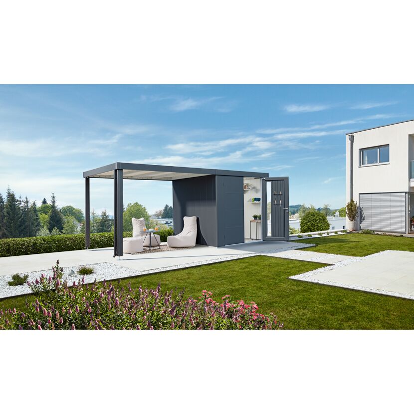 Gartenhaus GH Neo 4D D-Grau mit offener Tür