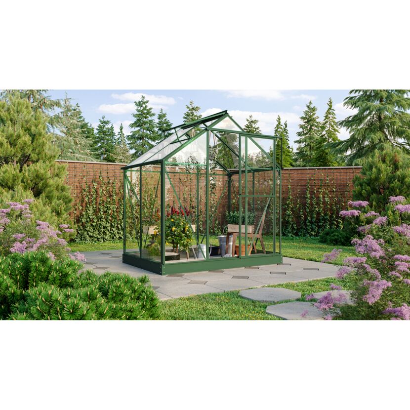 Gewächshaus Triton 2500 ESG smaragdgrün im Garten
