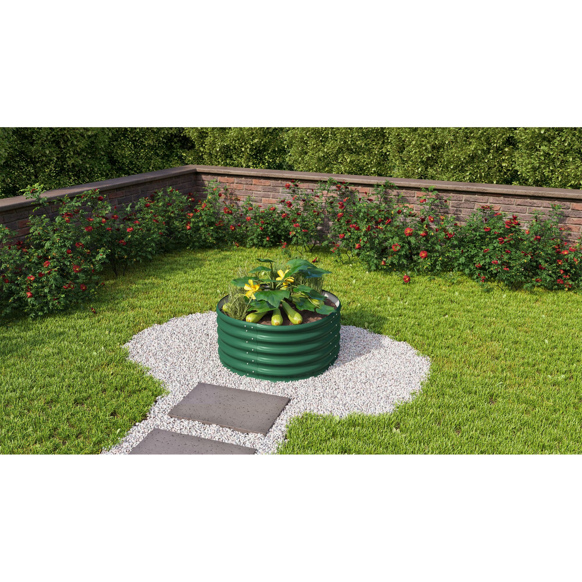 Grünes Hochbeet mit Zucchini-Pflanzen