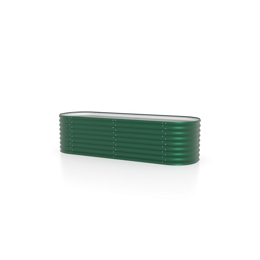 Grünes Hochbeet aus Metall.