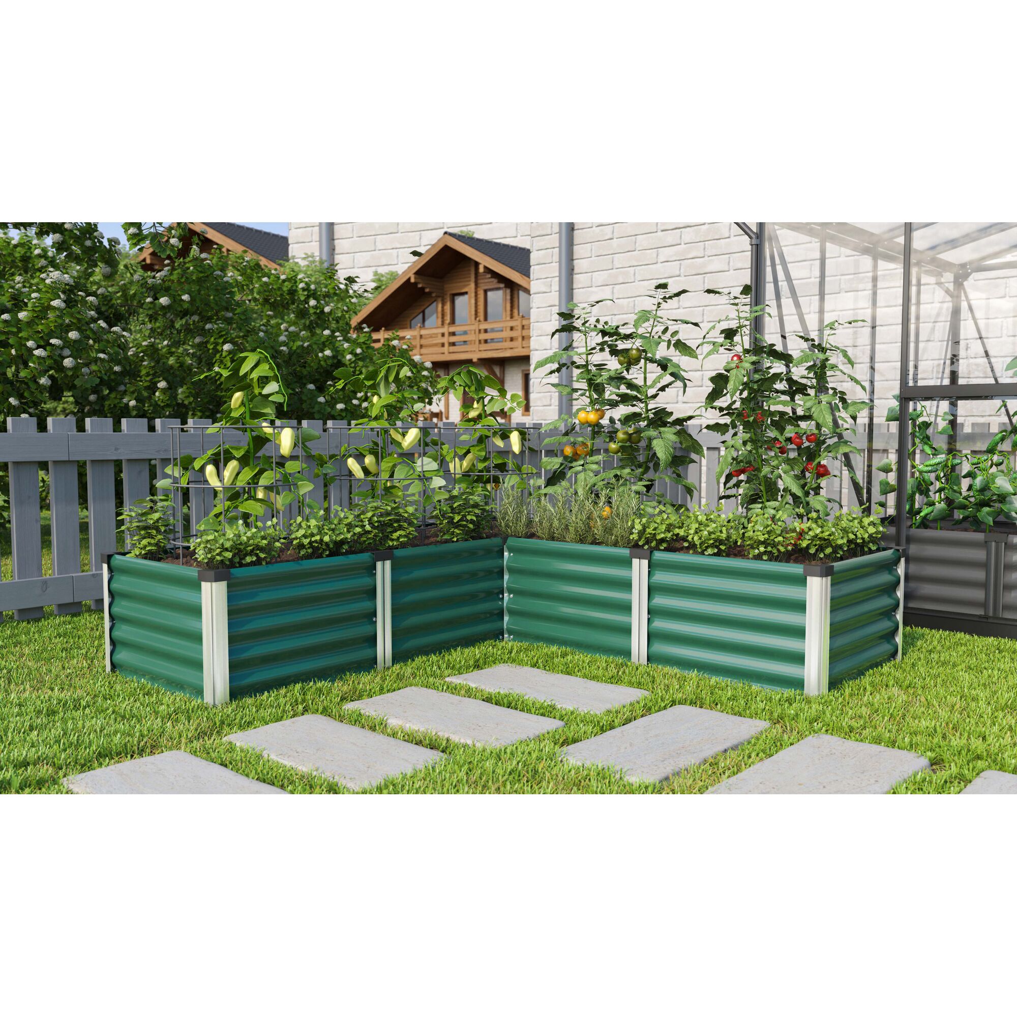 Drei Hochbeete mit Tomaten und Paprika im Garten