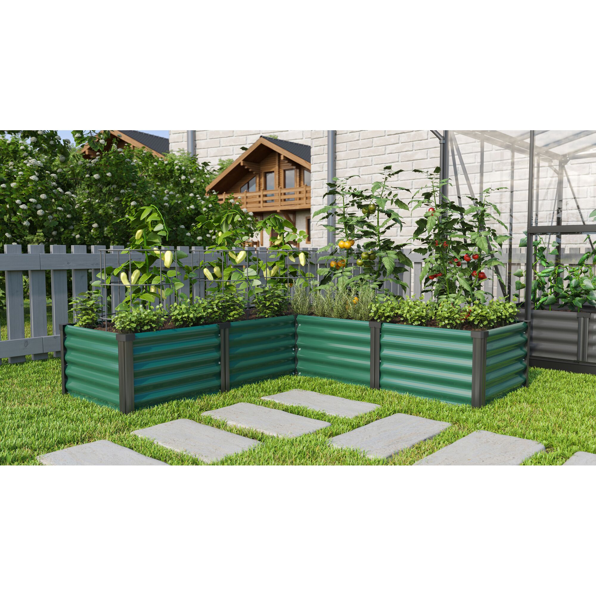 Drei Hochbeete mit Tomaten, Paprika und Kräutern