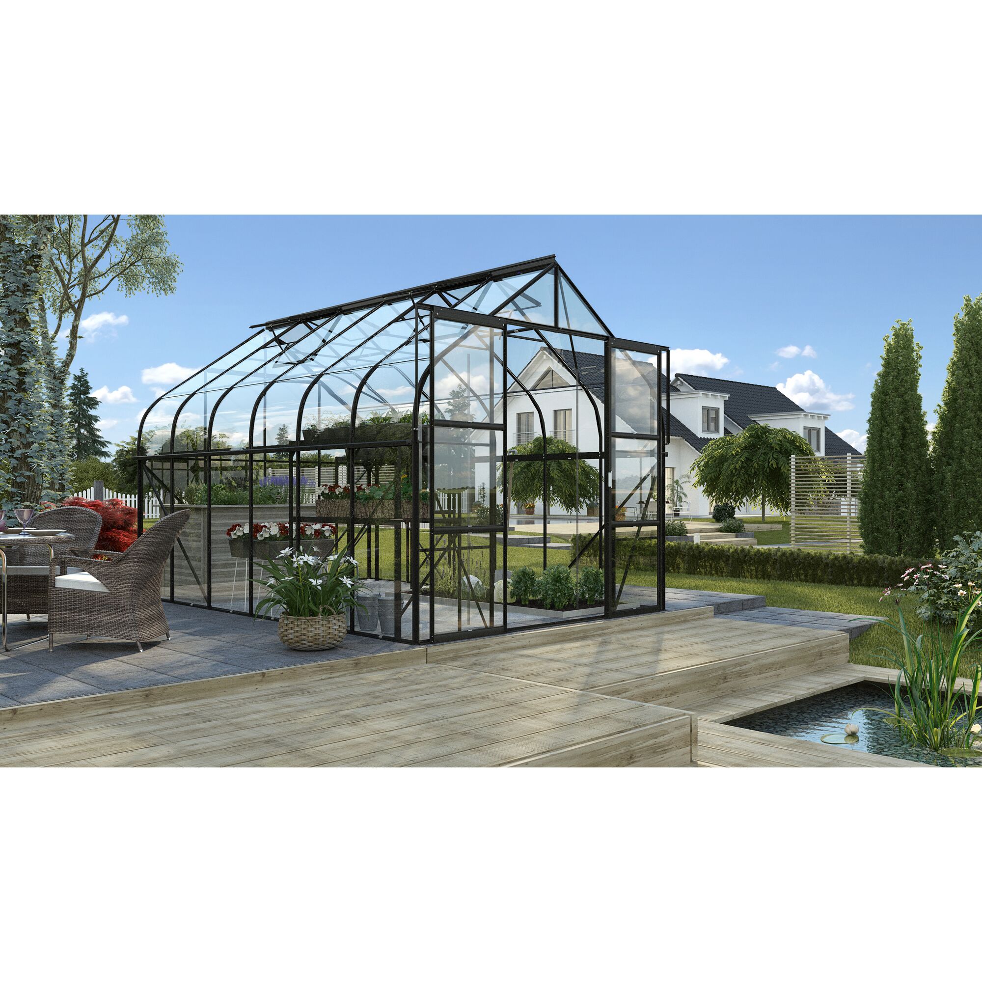Gewächshaus Diana 9900 ESG 3mm schwarz im Garten