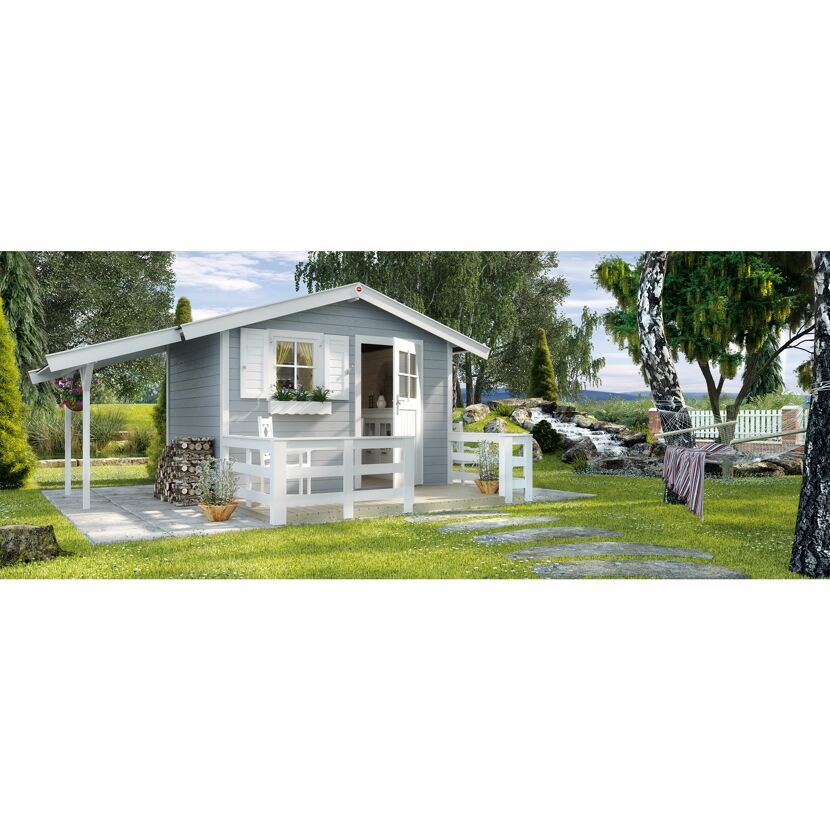 Graues Gartenhaus mit weißer Veranda und Hängematte