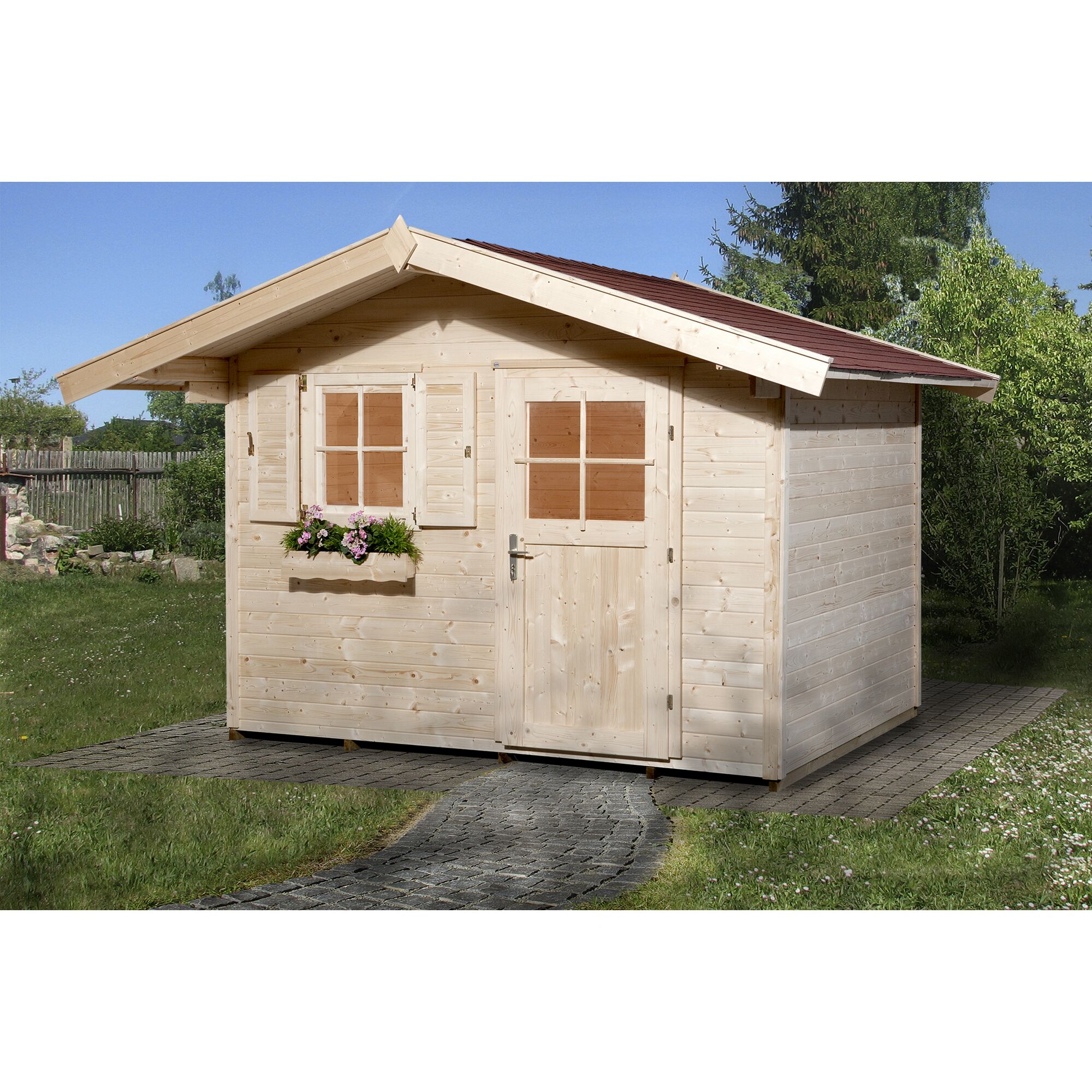 Gartenhaus aus Holz mit Fensterläden und Blumenkasten