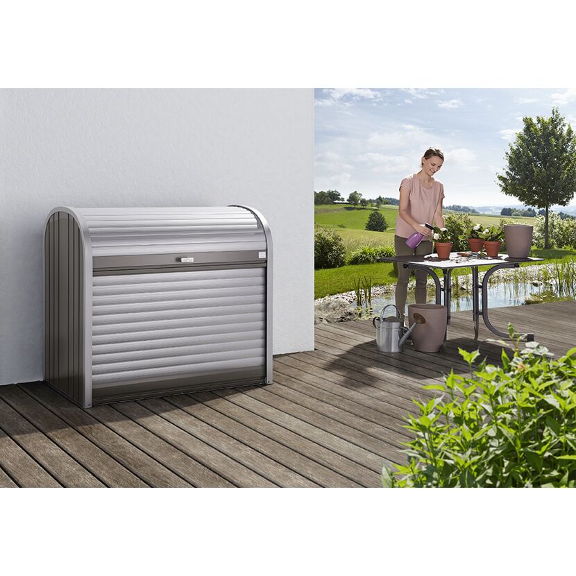 Graue Gartenbox mit Rolltür