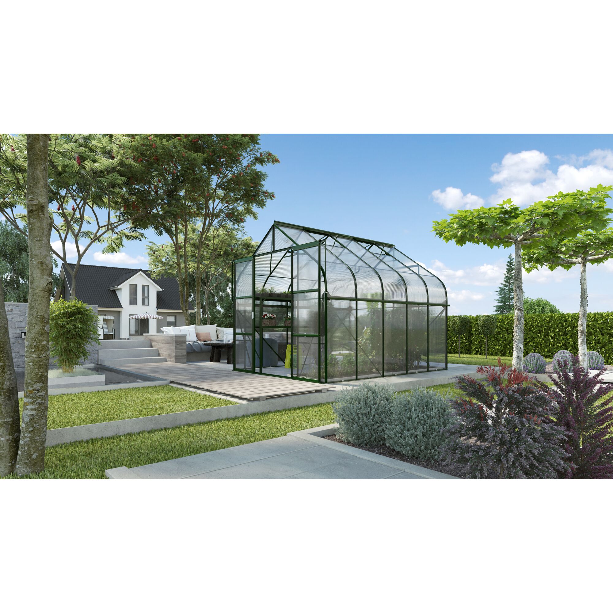 Gewächshaus Diana 8300 HKP smaragd im Garten